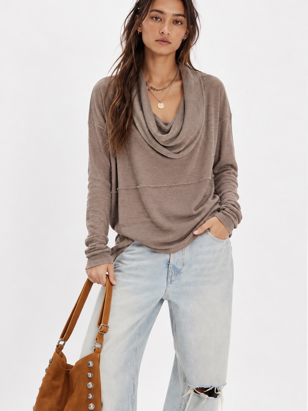 246. Relaxed Taupe Cowl-Neck Sweater